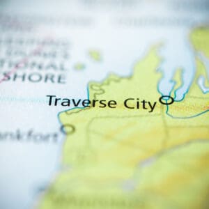 A close up of the map of traverse city