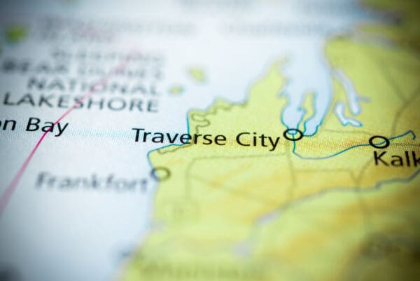 A close up of the map of traverse city