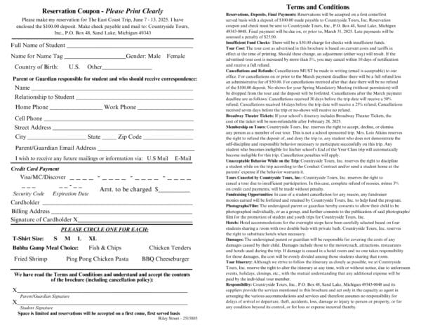 East Coast trip reservation form.