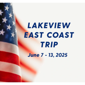 A picture of an american flag with the words lakeview east coast trip in front.