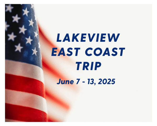 A picture of an american flag with the words lakeview east coast trip in front.