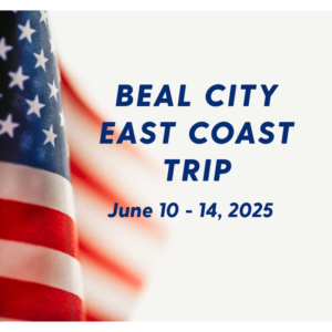 A picture of the american flag with text that reads " beal city east coast trip june 1 0-1 4, 2 0 2 5 ".