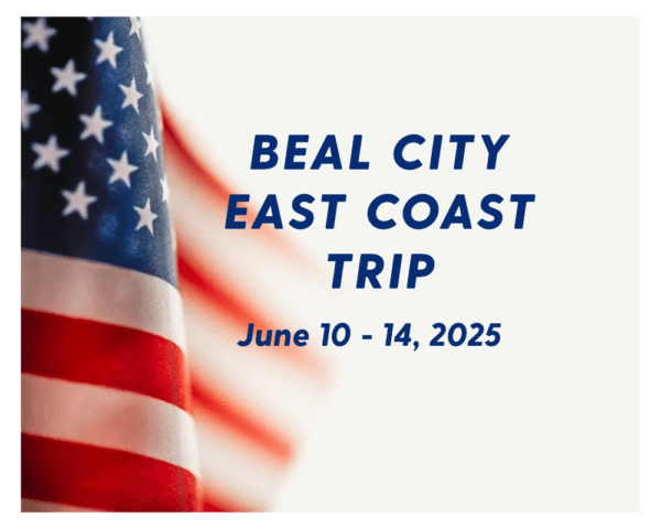 A picture of the american flag with text that reads " beal city east coast trip june 1 0-1 4, 2 0 2 5 ".