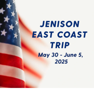 A picture of the american flag with text that reads " jenison east coast trip may 3 0-june 5, 2 0 2 5 ".