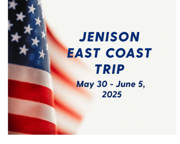 A picture of the american flag with text that reads " jenison east coast trip may 3 0-june 5, 2 0 2 5 ".