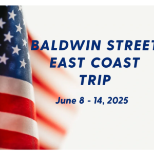 A picture of the american flag with words " baldwin street east coast trip june 8-1 4, 2 0 2 5 ".