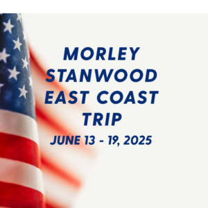 A picture of the flag with text that reads " morley stanwood east coast trip june 1 3-1 9, 2 0 2 5 ".