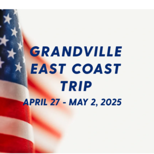 A picture of an american flag with the words grandville east coast trip in front.