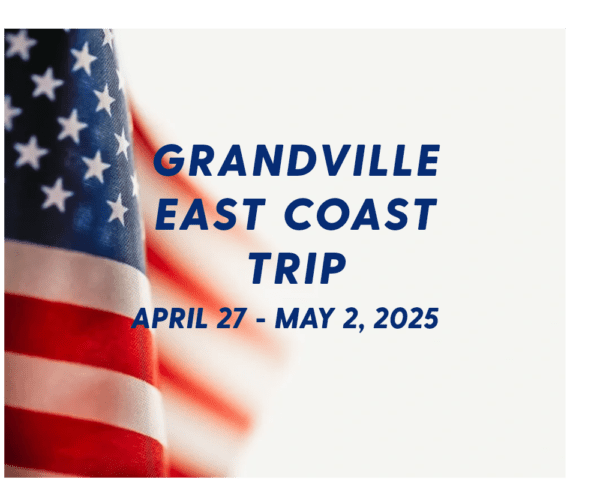 A picture of an american flag with the words grandville east coast trip in front.