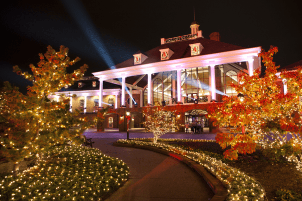 Festive building illuminated for the holidays.