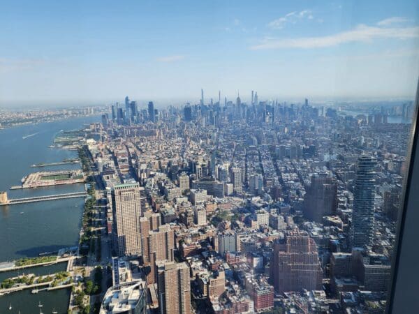 Aerial view of New York City skyline.