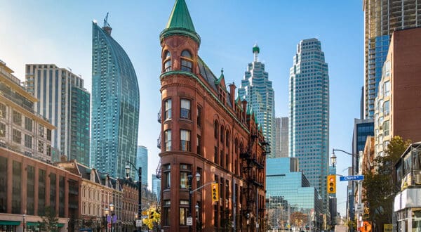 Toronto cityscape with historic building.