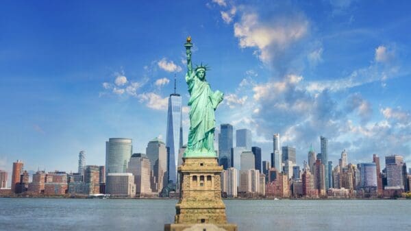 Statue of Liberty and New York City skyline.