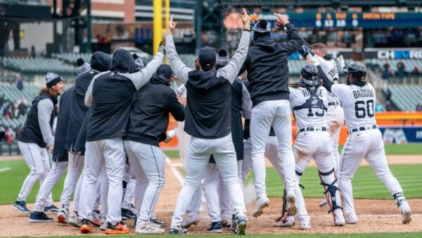 Baseball team celebrates a win.